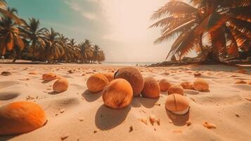 un' lotto di Noce di cocco nel spiaggia ai generato foto