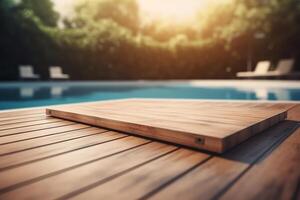 foto di legno tavola su un' ponte Il prossimo per nuoto piscina ai generativo