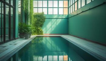 interno nuoto piscina con verde parete ai generativo foto