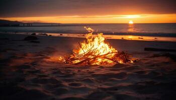ardente falò su sabbioso spiaggia a crepuscolo generato di ai foto