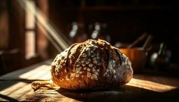 appena al forno rustico baguette su di legno tavolo generato di ai foto