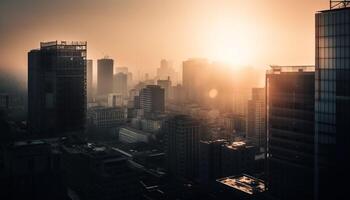 moderno città orizzonte si illumina nel tramonto leggero generato di ai foto