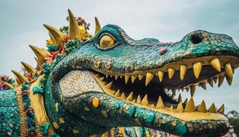 maestoso Drago scultura ruggisce con feroce aggressione generato di ai foto