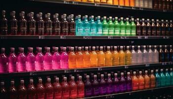 Multi colorato medicina bottiglie nel un' riga su mensola generato di ai foto