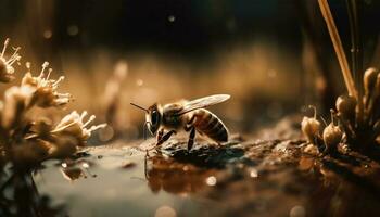 occupato miele ape impollina giallo fiore all'aperto generato di ai foto