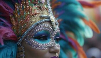 colorato carnevale ballerino don piumato maschera e costume generato di ai foto