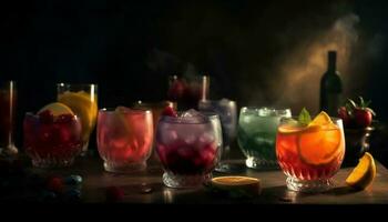 fresco frutta cocktail nel un' colorato tiro bicchiere generato di ai foto