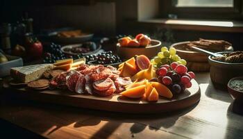 fresco buongustaio pasto su rustico di legno tavolo generato di ai foto