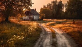 rustico fattoria annidato nel tranquillo autunno prato generato di ai foto