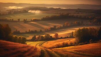 tranquillo autunno tramonto al di sopra di rustico italiano azienda agricola generato di ai foto