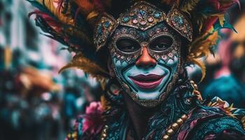 sorridente donna nel tradizionale costume a Festival generato di ai foto