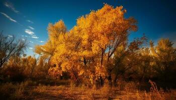 vivace autunno albero, giallo foglie, tranquillo prato generato di ai foto
