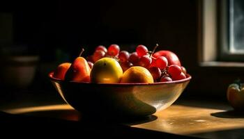 fresco frutta ciotola su di legno tavolo in casa generato di ai foto