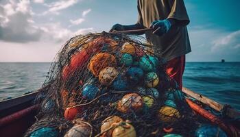 uomini su pesca barca attraente Multi colorato pesce generato di ai foto