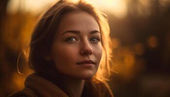 giovane donna sorridente nel natura a tramonto generato di ai foto