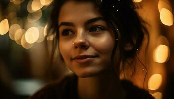 giovane donna sorridente, guardare a telecamera, illuminato di Natale luci generato di ai foto