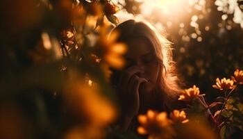 uno donna sorridente nel natura bellezza generato di ai foto