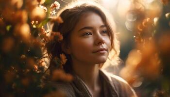 giovane donna godendo natura bellezza e la libertà generato di ai foto