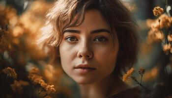 giovane donna sorridente nel natura bellezza generato di ai foto