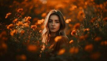 uno giovane donna sorridente, bellezza nel natura generato di ai foto