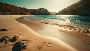 tramonto al di sopra di tranquillo acque, un' Perfetto vacanza generato di ai foto