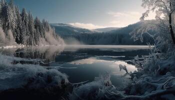 maestoso montagna gamma riflette tranquillo inverno bellezza generato di ai foto