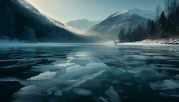 maestoso montagna gamma, tranquillo scena, congelato avventura generato di ai foto