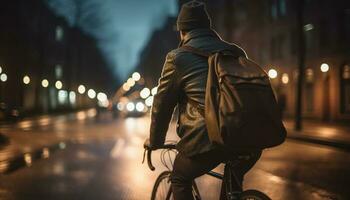 giovane adulto Ciclismo attraverso città strade a notte generato di ai foto