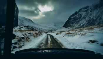 guida attraverso inverno montagne, rischioso avventura attende generato di ai foto