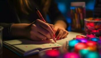 creativo bambino lavori su pittura in casa a tavolo generato di ai foto