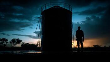 indietro illuminato silhouette di costruzione lavoratori edificio raffineria generato di ai foto