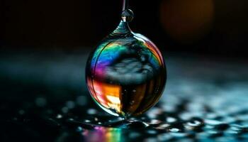 vivace colorato sfera riflette rugiada su bicchiere generato di ai foto