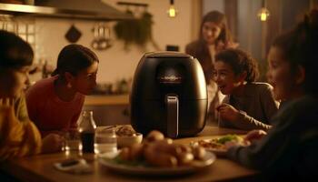 contento famiglia cucinando insieme nel il cucina generato di ai foto