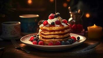 appena al forno fatti in casa bacca Pancakes con dolce sciroppo generato di ai foto