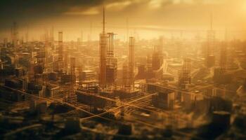 acciaio grattacieli illuminare futuristico città orizzonte a crepuscolo generato di ai foto