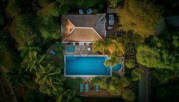 moderno lusso casa design con tropicale piscina rilassamento generato di ai foto