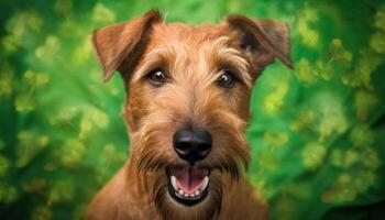 giocoso cucciolo si siede sorridente nel verde prato generato di ai foto