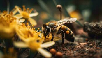occupato ape impollina giallo fiore nel natura generato di ai foto