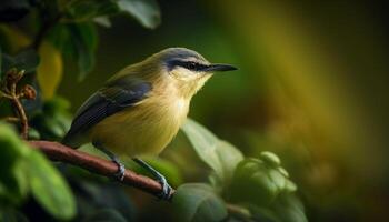 piccolo uccello canoro perching su verde foglia ramo generato di ai foto