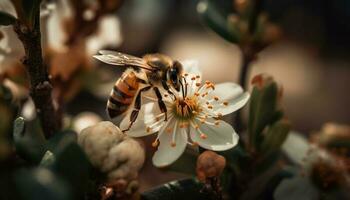 Lavorando miele ape impollinazione singolo fiore all'aperto generato di ai foto