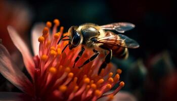 occupato Ape Lavorando, polline saturato su giallo fiore generato di ai foto