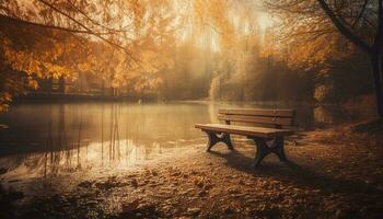 tranquillo autunno scena panchina sotto giallo albero generato di ai foto