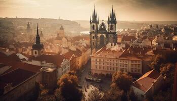 cattolico guglie forare praga medievale orizzonte a crepuscolo generato di ai foto