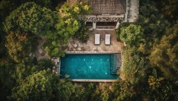 verde paesaggio, tranquillo piscina, sedie, rilassamento generato di ai foto