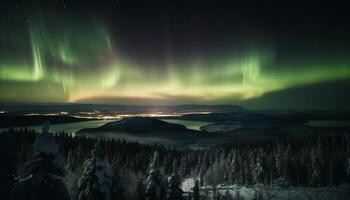 maestoso montagne illuminato di aurora polaris a notte generato di ai foto