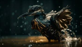 un' cormorano si diffonde Ali riflessa nel acqua generato di ai foto