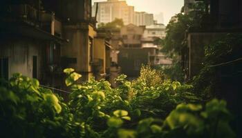 natura illuminata dal sole grattacieli, un' città verde crescita generato di ai foto