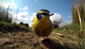 piccolo uccello perching su ramo, giallo becco generato di ai foto