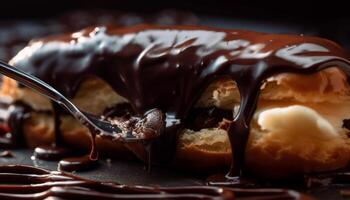 indulgente cioccolato dolci impilati su di legno tavolo generato di ai foto