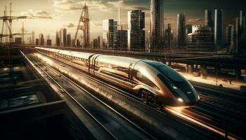 futuristico paesaggio urbano con alto velocità treno movimento generato di ai foto